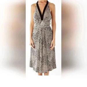 BCBGMAXAZRIA Womens Black Tan Cream Flowy Halter Dress Floral Print Wrap Waist M
